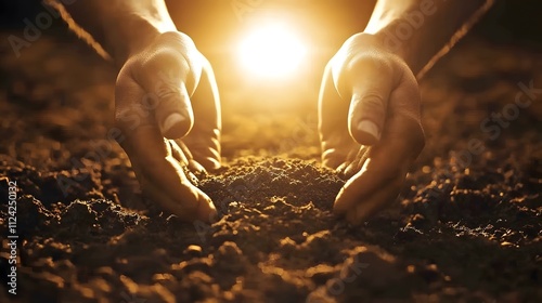 Wallpaper Mural A close-up of hands planting a seed in rich soil with the sun shining down Torontodigital.ca
