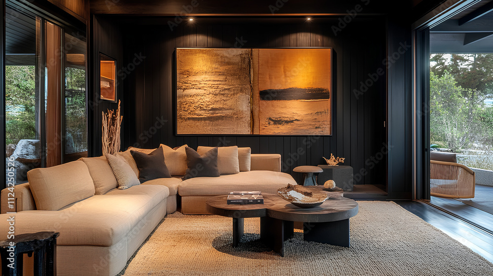 Farmhouse, country style home interior design of modern living room. Rustic style living area with beige sofa, black wall paneling, and organic wood artwork for a warm, natural ambiance Farmhouse, country style home interior design of modern living room. Rustic style living area with beige sofa, black wall paneling, and organic wood artwork for a warm, natural ambiance