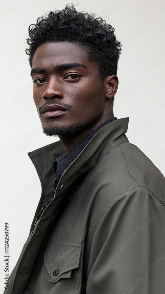 Obraz premium Young man afro-professional with a chic hairstyle, sharp yet casual clothes, and gentle natural light