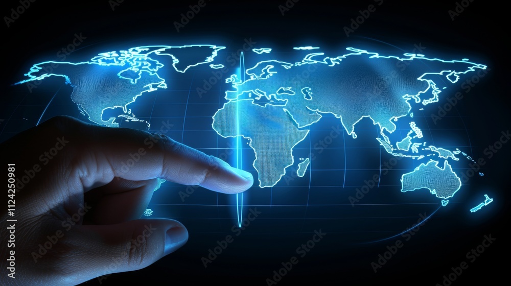 Hand reaching to interact with a radiant digital world map displaying global connectivity Hand reaching to interact with a radiant digital world map displaying global connectivity