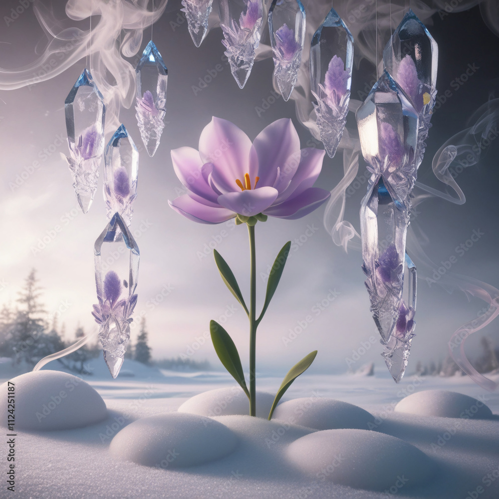 Obraz premium Lavender flower in foggy ice background, created by Generative AI