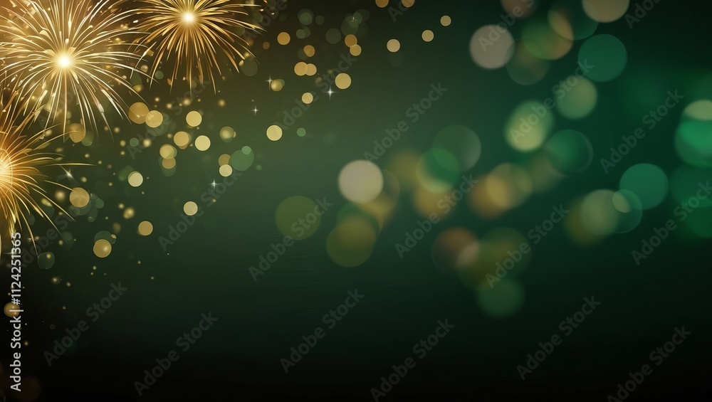 Fototapeta premium Golden fireworks and bokeh on a lime green background.