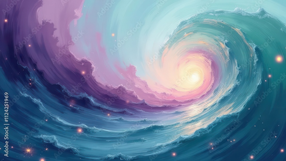 Fototapeta premium Swirling glitter effects.Flat celadon and violet abstract whirlpool with luminous spark trails, forming a tranquil yet dynamic vista, rendered without digital noise for maximum precision.