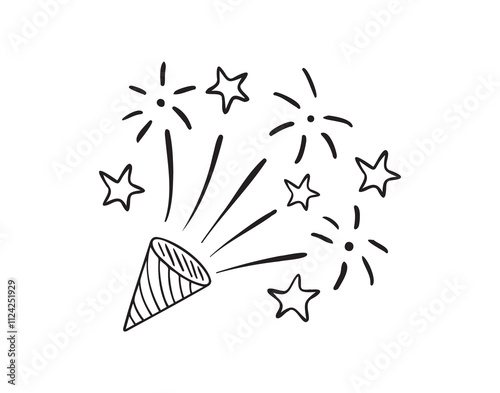 Confetti popper hand drawn doodle outline icon. Confetti popper line clipart isolated on white background. Decoration of holidays and party