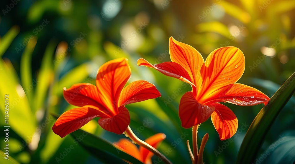 Red wild flowers are exposed to sunlight against a green forest backdrop. Red wild flowers are exposed to sunlight against a green forest backdrop.