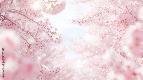 Spring Horizontal banner with sakura flowers. Beautiful nature season background with a branch of blooming cherry. Copy space for text, selective focus