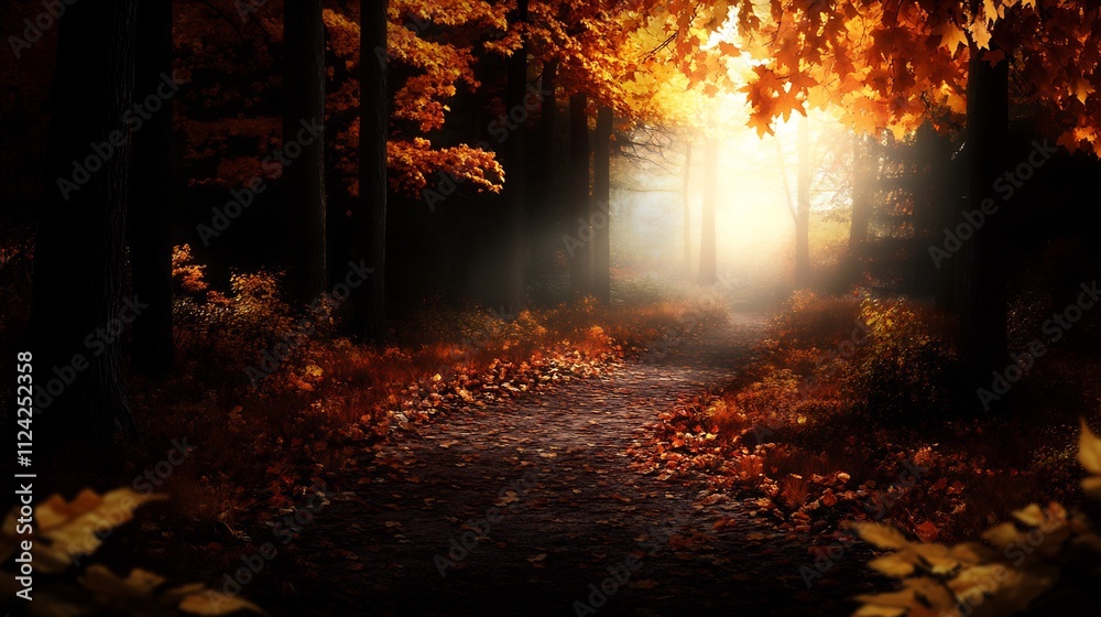 Sunlit path through autumn forest with golden leaves. Sunlit path through autumn forest with golden leaves.