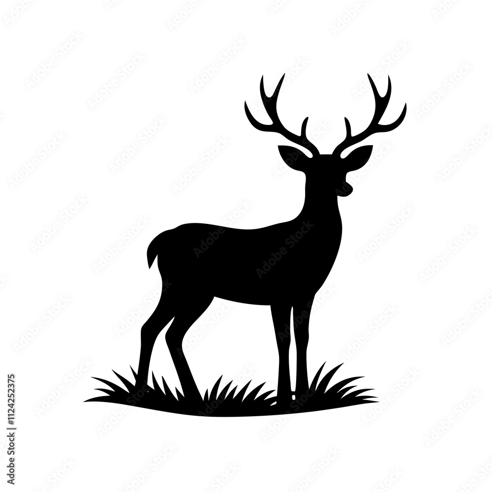 Black & white deer on the grass field design art vector. A deer Silhouette, Deer animal hunting elements illustration Black & white deer on the grass field design art vector. A deer Silhouette, Deer animal hunting elements illustration