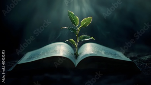 A plant growing out of an open book showing knowledge and personal growth photo