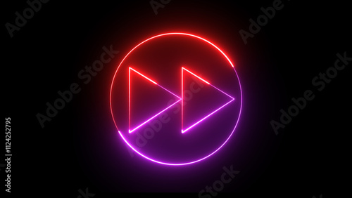 Glowing two tone neon media control fast forward icon red and purple color black background