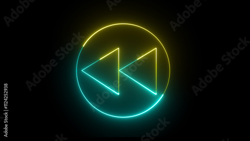 Forward Icon. Glowing two tone neon media control fast backward or previous icon blue and yellow color. Blinking or flickering media sign