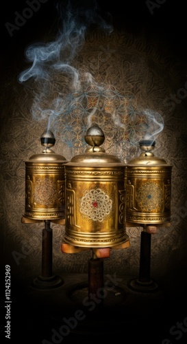 Ornate tibetan prayer wheels with incense smoke in mystical ambience photo