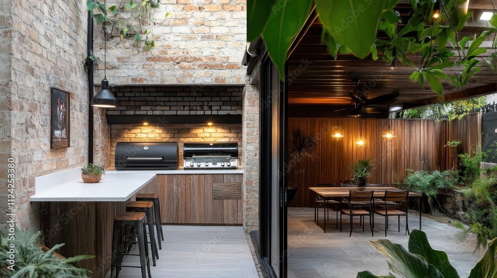 Obraz premium Modern outdoor kitchen and dining area with brick walls, wood accents, and lush greenery.