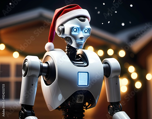 Humanoid robot programming Christmas light sequences. Generative AI photo