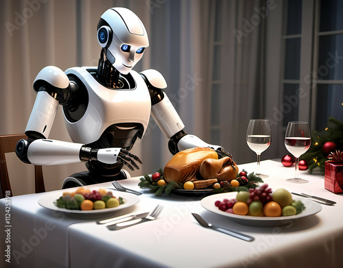 A humanoid robot carefully arranging Christmas dinner table settings. Generative AI photo