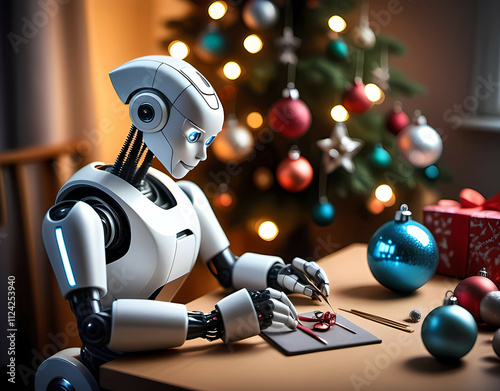 Humanoid robot crafting handmade Christmas ornaments. Generative AI photo