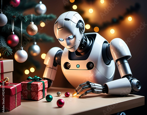 Humanoid robot crafting handmade Christmas ornaments. Generative AI photo