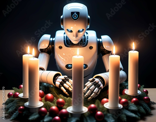 Humanoid robot lighting candles on an advent wreath. Generative AI photo