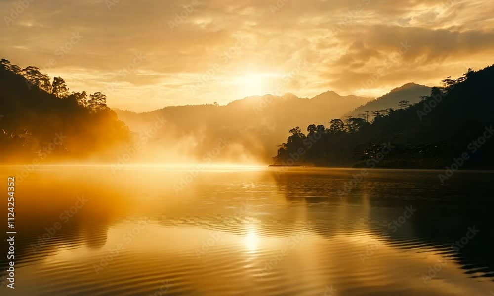 Serene sunset over a tranquil lake and mountains