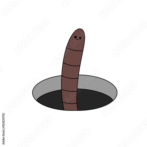 A cartoonish looking brown and white worm is poking its head out of a hole photo