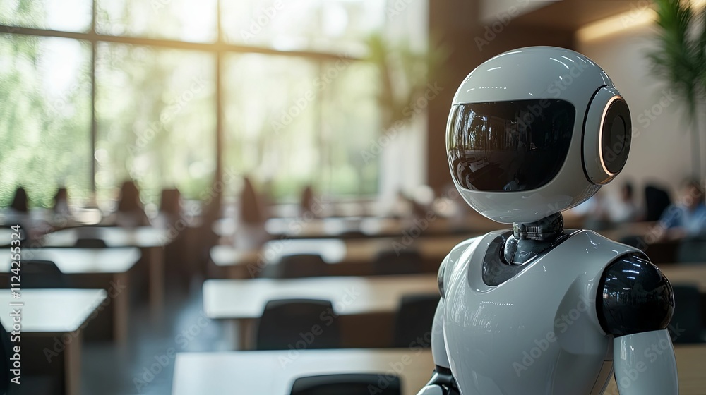 Robot stands in a classroom among students