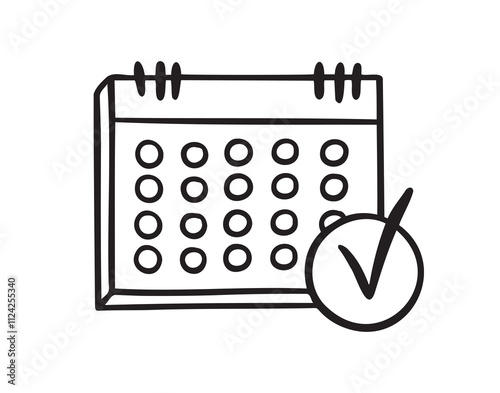 Reminder and calendar doodle hand drawn icon. Outline drawing Reminder and calendar with a check mark line clipart symbol