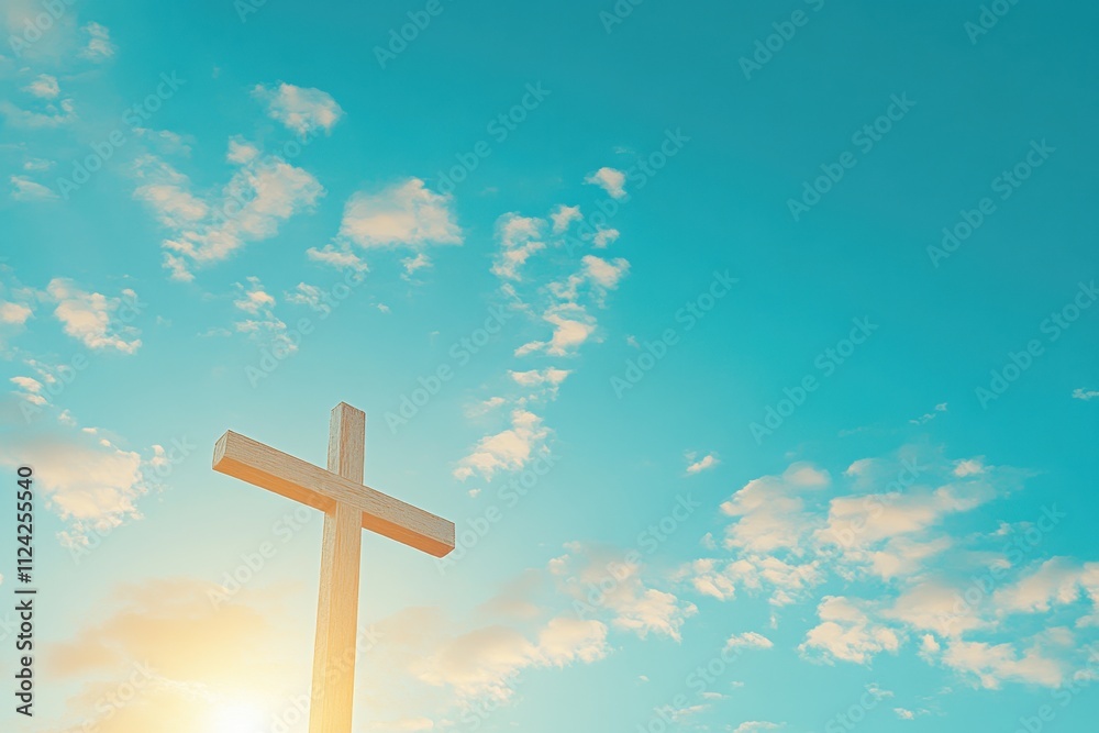 Cross illuminated against a blue sky Symbol of faith and spirituality Cross illuminated against a blue sky Symbol of faith and spirituality