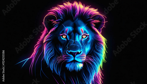 A neon lion with glowing lines, set against a dark background