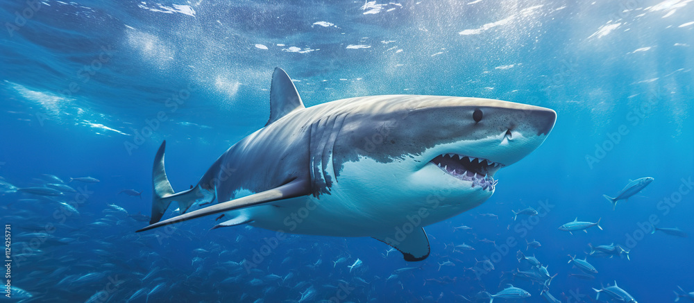 Fototapeta premium Majestic Great White Shark Swimming in Crystal Clear Ocean Water