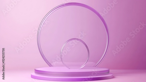 A clear, light-pink, round object sits on a light-pink, round pedestal. Pink background.


