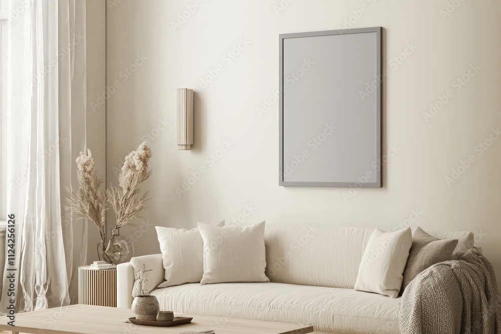 Fototapeta premium Room with off-white walls, grey frame mockup, ivory sofa, ash wood coffee table, high angle.