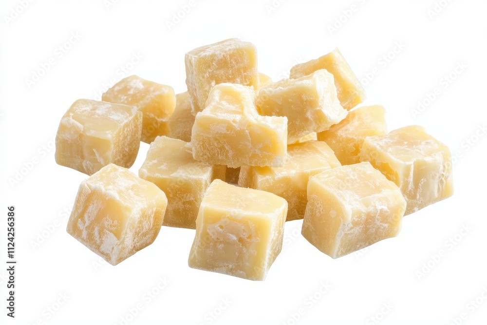 Design banner featuring tasty cheese cubes on a white backdrop Design banner featuring tasty cheese cubes on a white backdrop