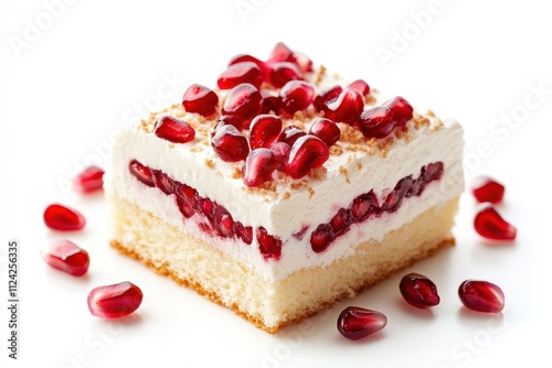 Delicious sponge cake drenched in cream and topped with pomegranate seeds against a white backdrop