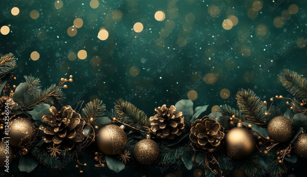 Gold Christmas ornaments arranged on evergreen garland, bokeh background, festive