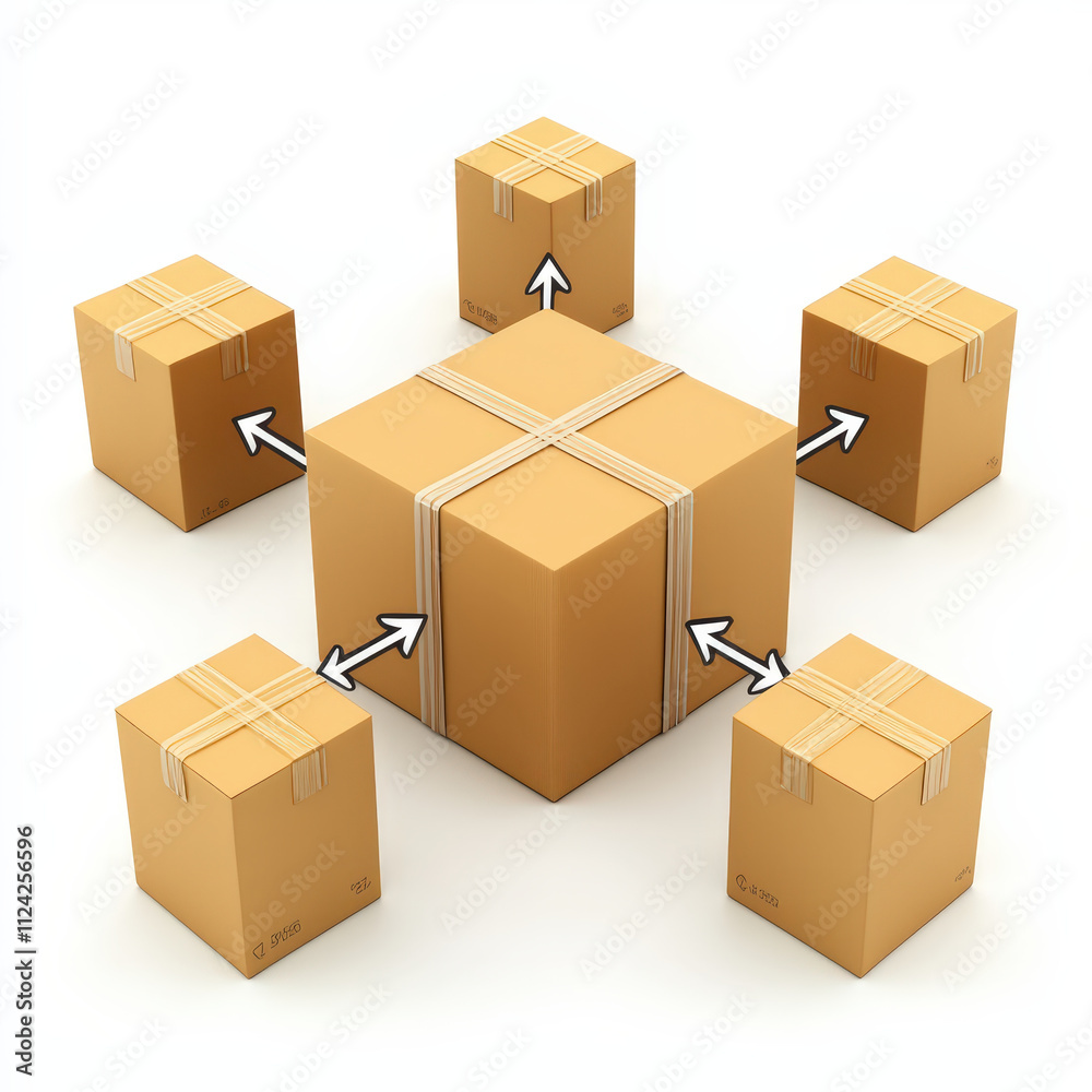 Concept of delivery chain with multiple packages surrounding central box Concept of delivery chain with multiple packages surrounding central box
