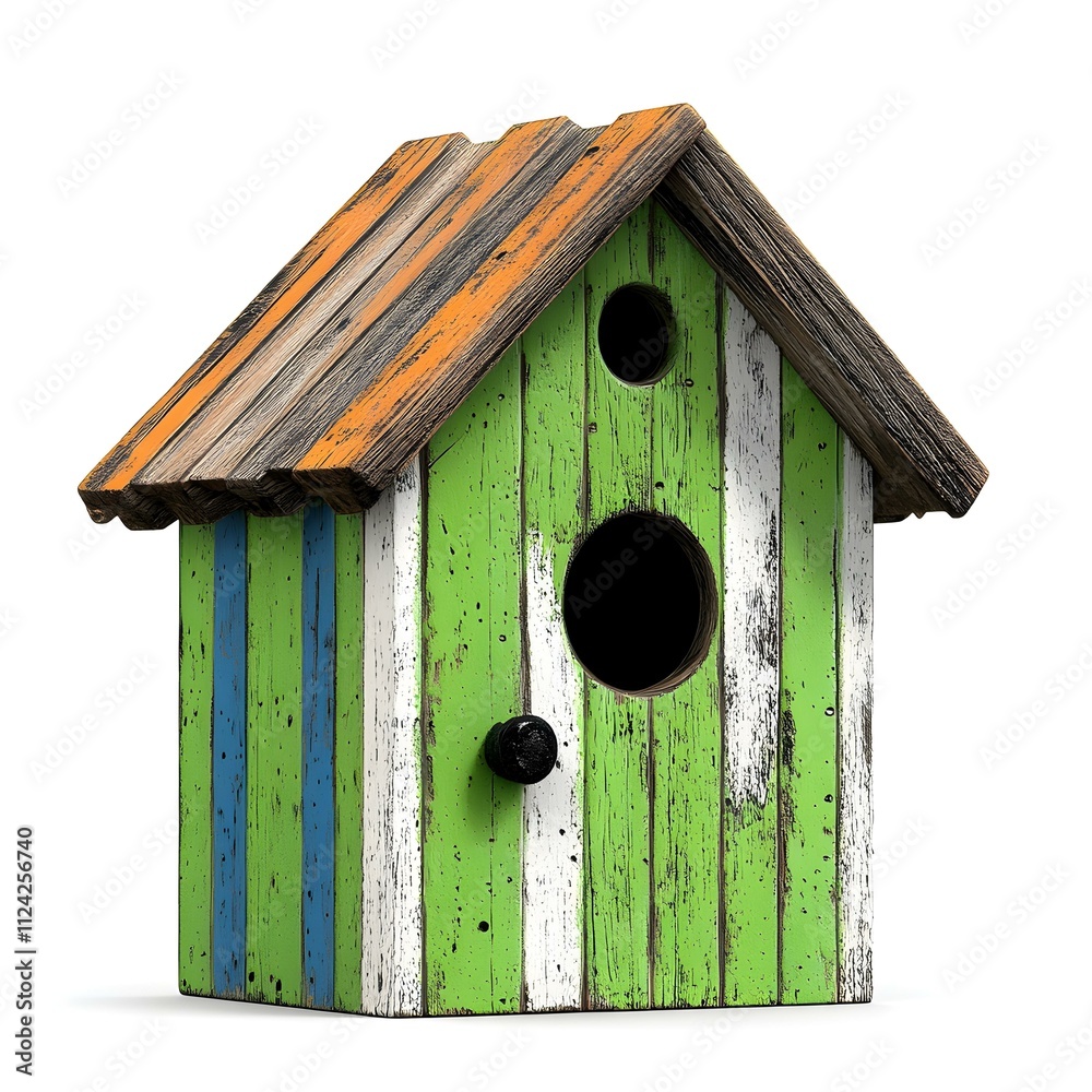 Rustic Charm: A weathered wooden birdhouse, painted in vibrant green, blue, and white stripes, offers a cozy haven for feathered friends. Rustic Charm: A weathered wooden birdhouse, painted in vibrant green, blue, and white stripes, offers a cozy haven for feathered friends.