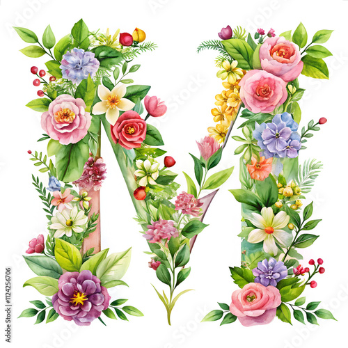 Set of flowers making letter M on white background