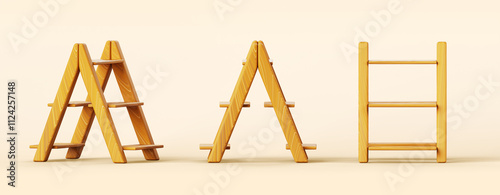 Schilderij op canvas 3d wooden stepladder front, side angle view