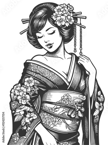 geisha in a floral-patterned kimono, asian woman sketch engraving generative ai fictional character vector illustration. Scratch board imitation. Black and white image.