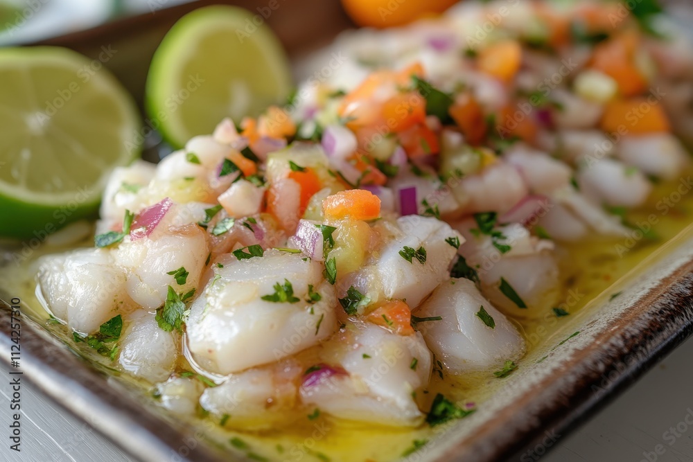 Detailed view of ceviche a fish dish from Peru served on a rectangular plate Detailed view of ceviche a fish dish from Peru served on a rectangular plate