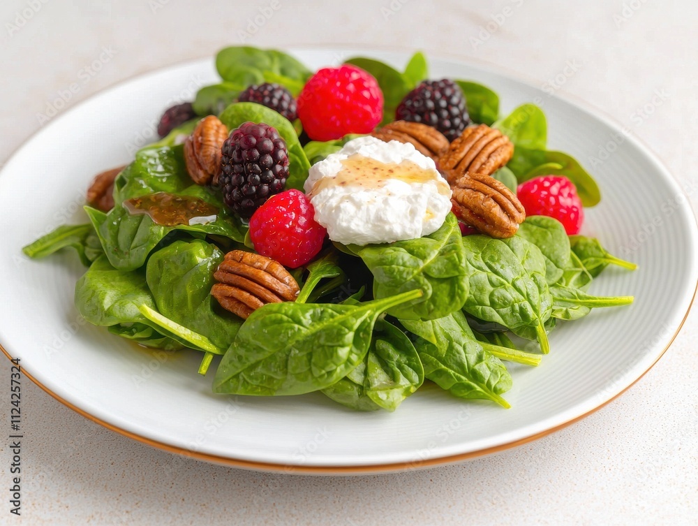 Fresh spinach and mixed berry salad with goat cheese kitchen food bright vibrant colors Fresh spinach and mixed berry salad with goat cheese kitchen food bright vibrant colors
