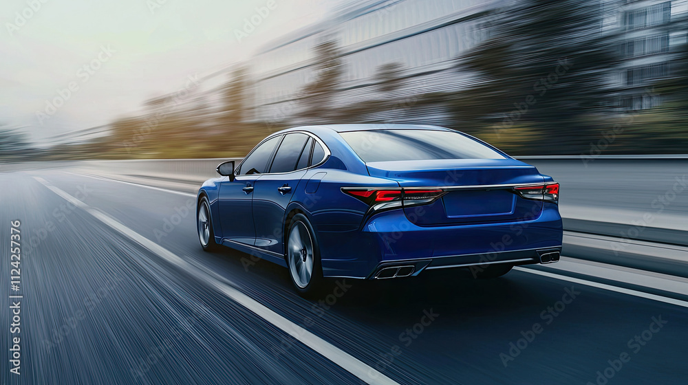 Blue car driving on the highway, motion blur, rear view. luxury sports sedan concept model Blue car driving on the highway, motion blur, rear view. luxury sports sedan concept model