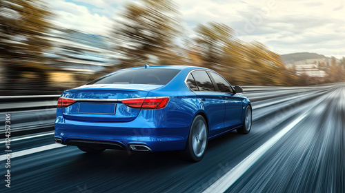 Blue car driving on the highway, motion blur, rear view. luxury sports sedan concept model