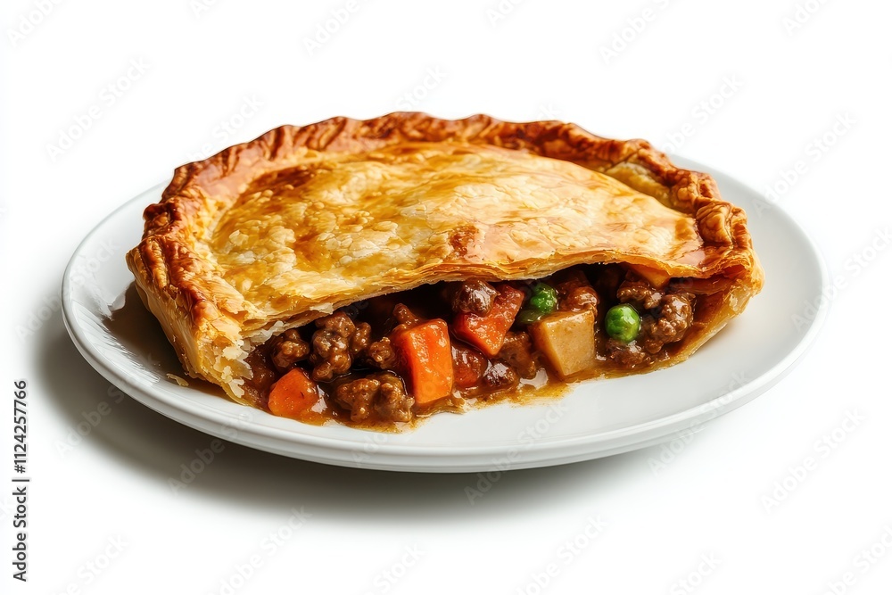 Dish featuring savory meat pie on light backdrop Dish featuring savory meat pie on light backdrop