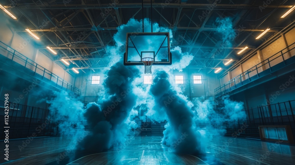 Obraz premium Dramatic high school basketball court with blue smoke and led lights enhancing the atmosphere