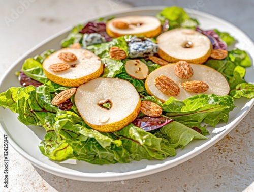 Fresh romaine and radicchio salad with pear slices and almonds kitchen food natural lighting culinary delight photo