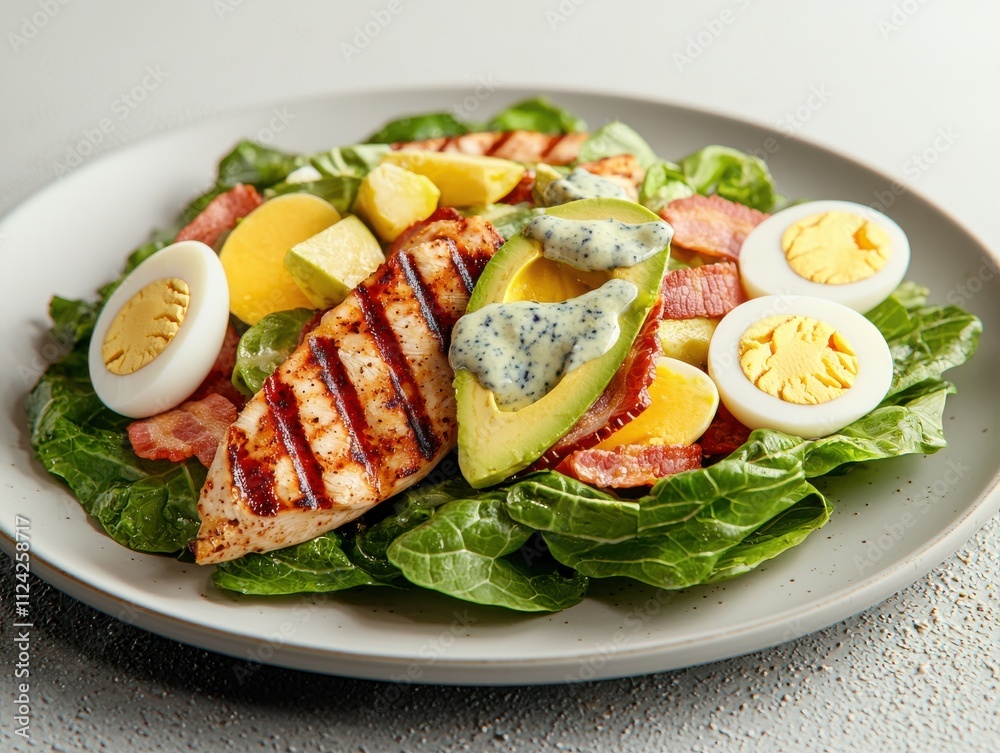 Grilled chicken cobb salad with romaine lettuce fresh ingredients kitchen setting culinary viewpoint healthy eating concept Grilled chicken cobb salad with romaine lettuce fresh ingredients kitchen setting culinary viewpoint healthy eating concept