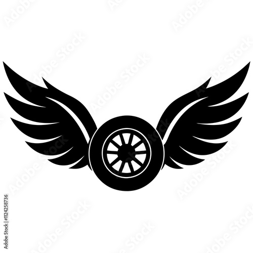 Winged wheel black and white. Winged motorcycle wheel Silhouette, Racing elements illustration
