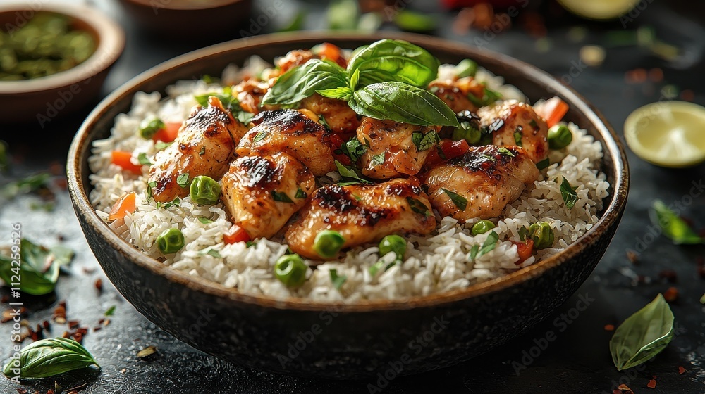 Sizzling thai basil chicken with jasmine rice asian cuisine food dark background close-up flavorful dish Sizzling thai basil chicken with jasmine rice asian cuisine food dark background close-up flavorful dish