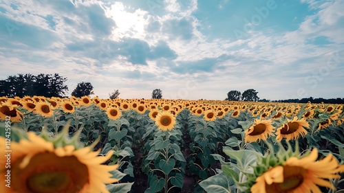 A vast field of sunflowers facing the sun, under a bright blue sky dotted with fluffy white clouds